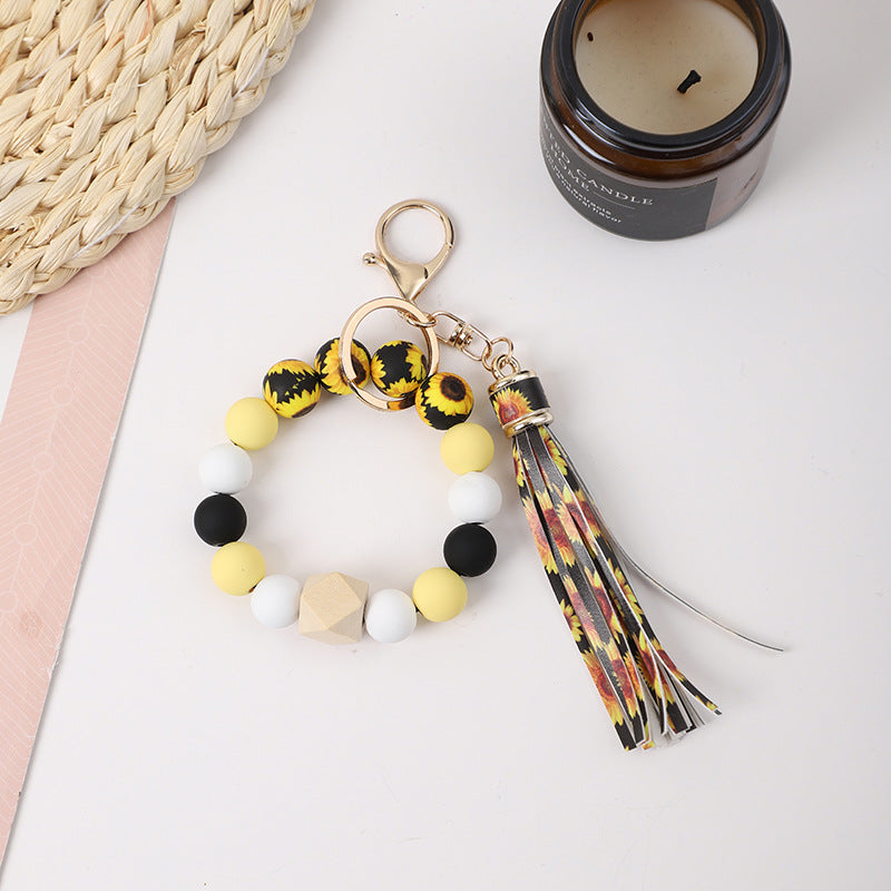 Wholesale Tassel Silicone Wooden Bead Bracelet Keychain